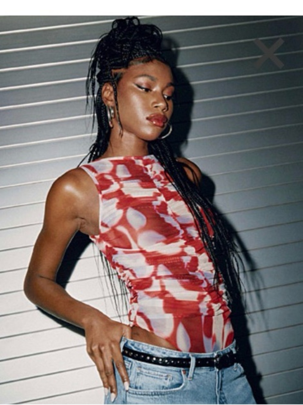 Simons Red & White Abstract Mesh Tank